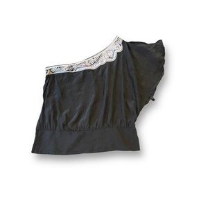 White House Black Market Black One Shoulder Banded Waist Silk Top Women’s Size 8
